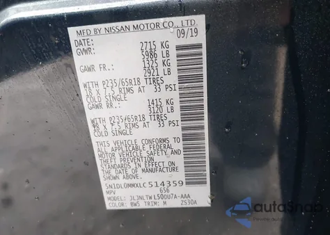 2020 Infiniti Qx60 Luxe Awd z USA, uszkodzony, nr VIN 5N1DL0MMXLC514359